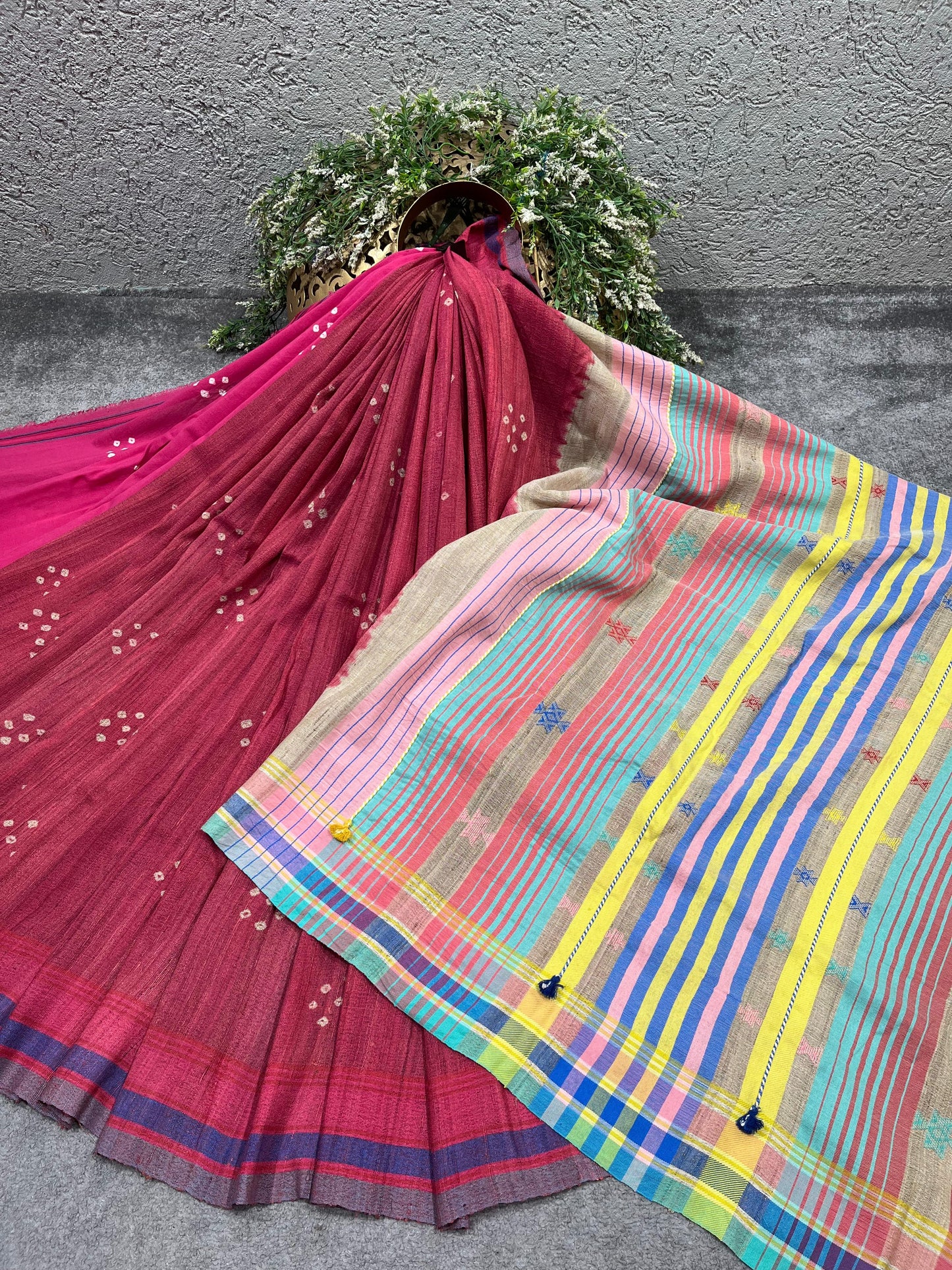 CORAL PINK TASSAR SILK PURE HANDLOOM BHUJODI SAREE