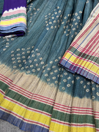 TEAL BLUE TASSAR SILK PURE HANDLOOM BHUJODI SAREE