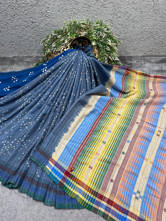 PIGEON BLUE TASSAR SILK PURE HANDLOOM BHUJODI SAREE