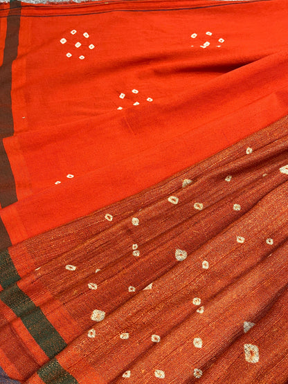 RUST TASSAR SILK PURE HANDLOOM BHUJODI SAREE