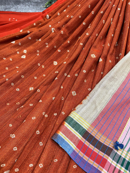 RUST TASSAR SILK PURE HANDLOOM BHUJODI SAREE