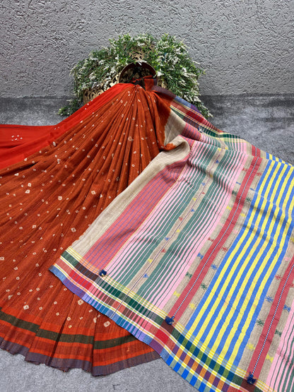 RUST TASSAR SILK PURE HANDLOOM BHUJODI SAREE