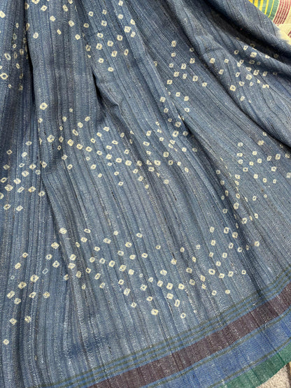PIGEON BLUE TASSAR SILK PURE HANDLOOM BHUJODI SAREE