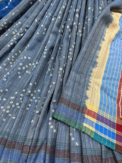 PIGEON BLUE TASSAR SILK PURE HANDLOOM BHUJODI SAREE