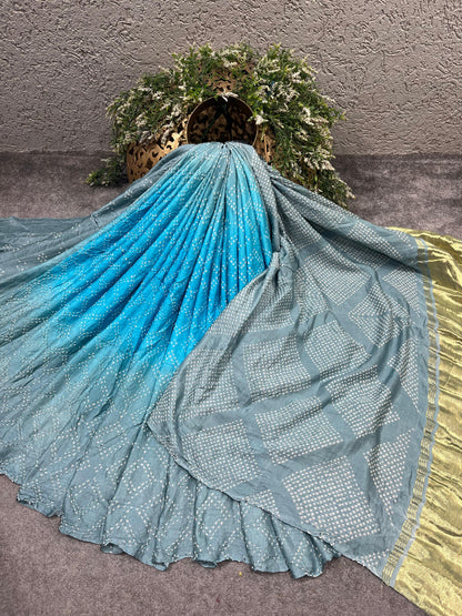 GREY BLUE SHADED GAJJI SILK PURE HANDFLOOM BHANDEJ SAREE