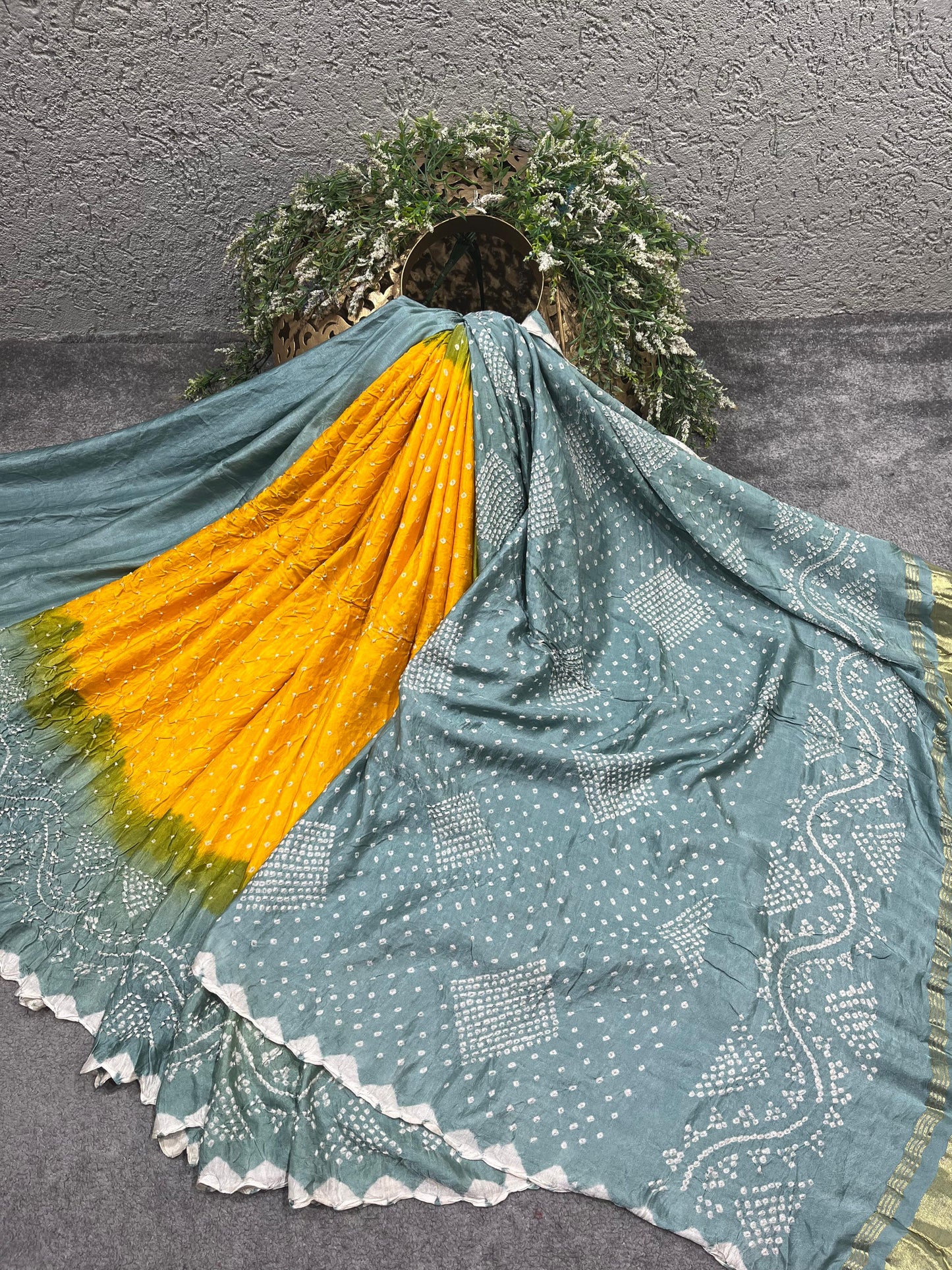 GREY YELLOW GREEN SHADED GAJJI SILK PURE HANDLOOM BHANDEJ SAREE