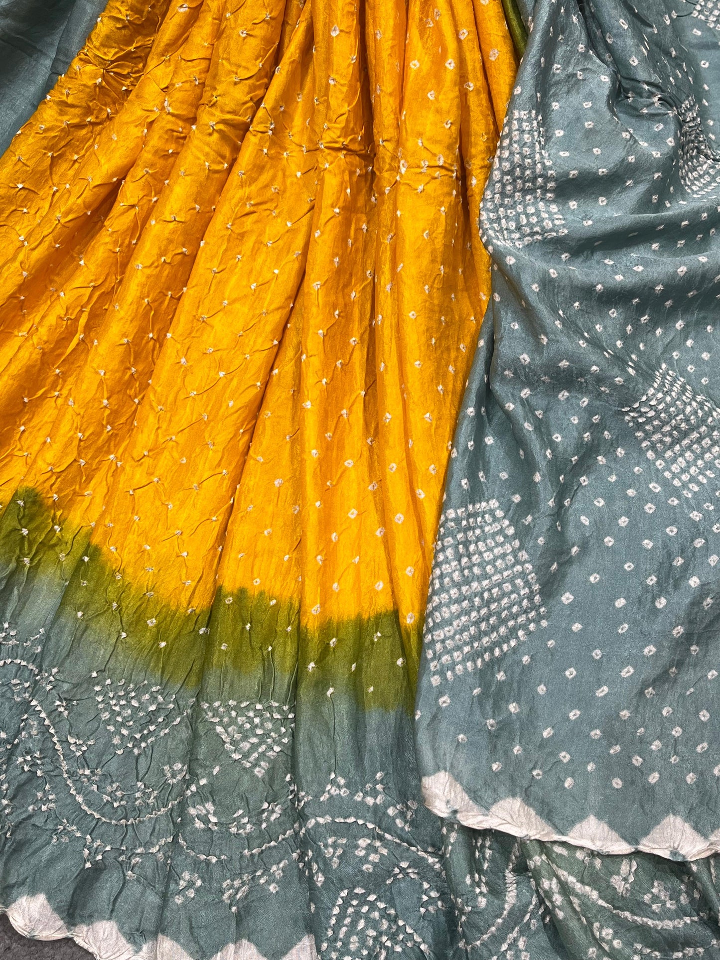 GREY YELLOW GREEN SHADED GAJJI SILK PURE HANDLOOM BHANDEJ SAREE