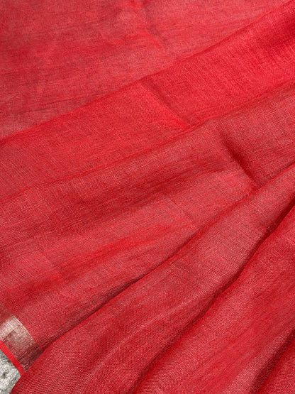 RED PURE HANDLOOM LINEN SAREE