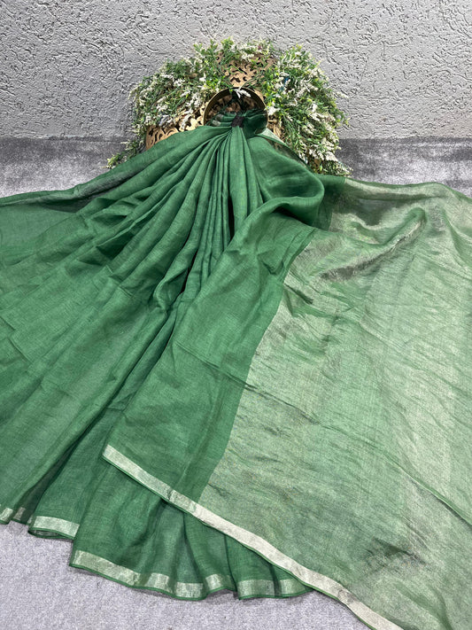 GREEN PURE HANDLOOM LINEN SAREE