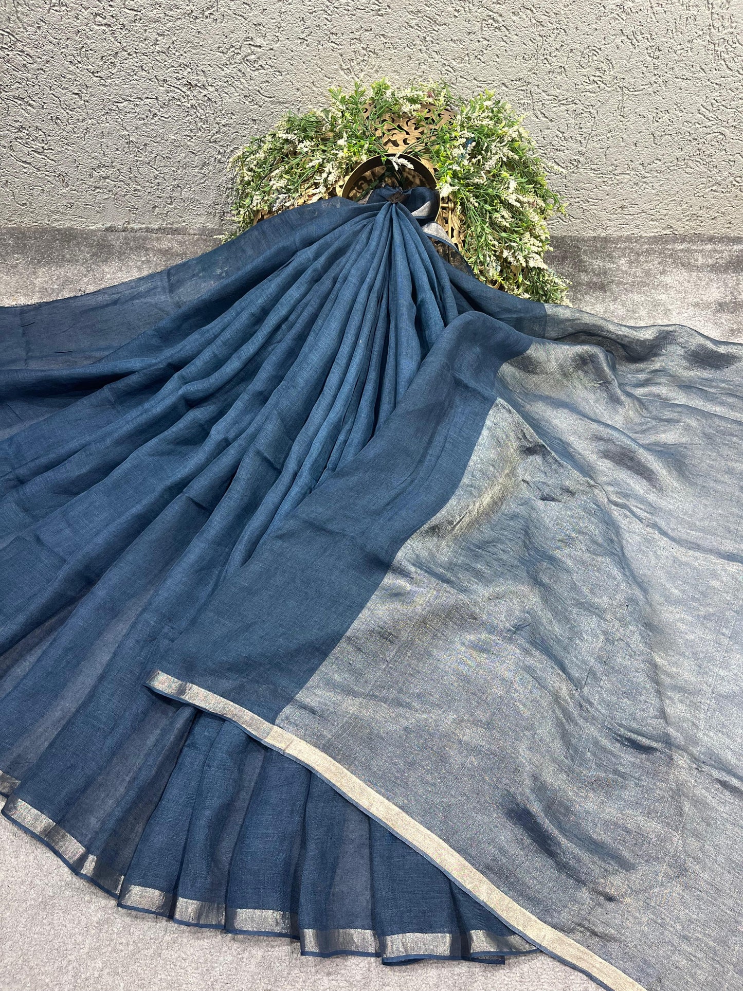 TEAL BLUE PURE HANDLOOM LINEN SAREE