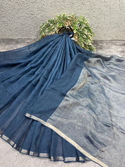 TEAL BLUE PURE HANDLOOM LINEN SAREE