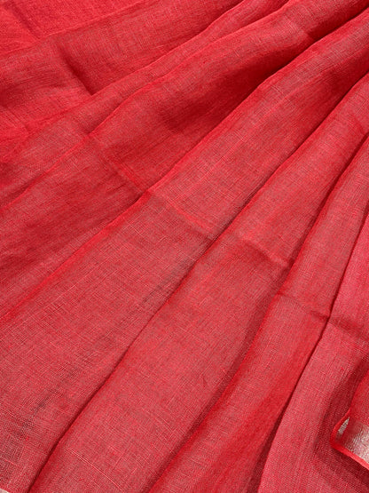 RED PURE HANDLOOM LINEN SAREE