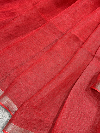 RED PURE HANDLOOM LINEN SAREE