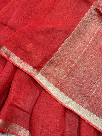 RED PURE HANDLOOM LINEN SAREE