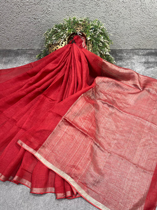 RED PURE HANDLOOM LINEN SAREE