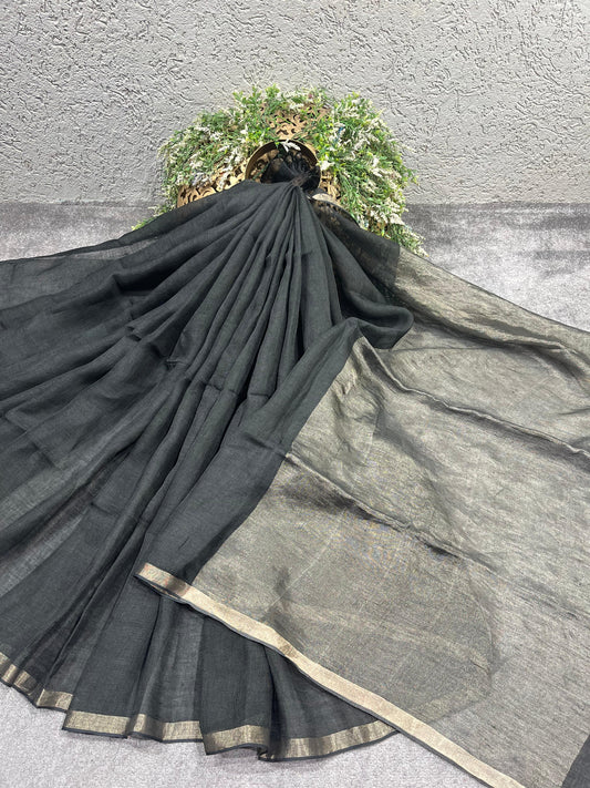 BLACK PURE HANDLOOM LINEN SAREE
