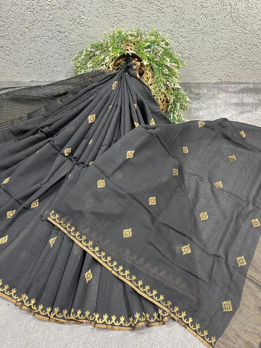 BLACK PURE HANDLOOM MUL COTTON SAREE