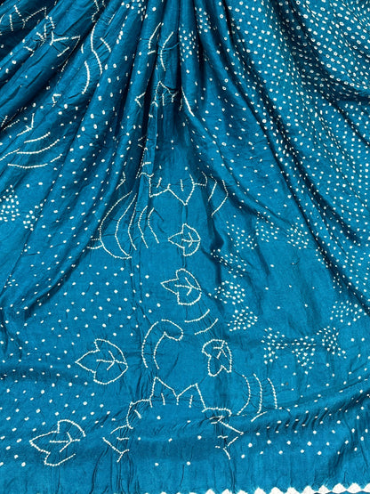 TEAL BLUE GAJJI SILK PURE HANDLOOM BHANDEJ SAREE