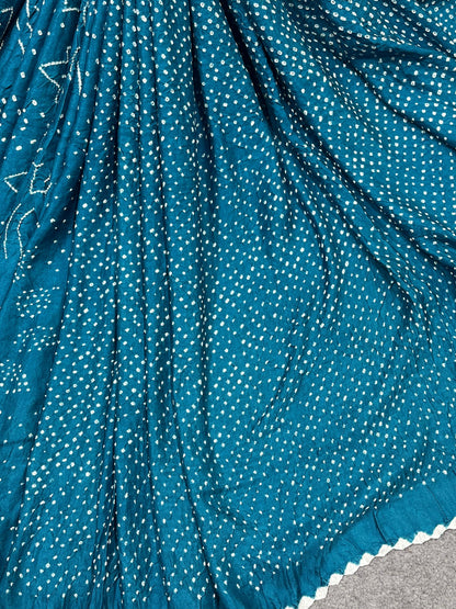 TEAL BLUE GAJJI SILK PURE HANDLOOM BHANDEJ SAREE