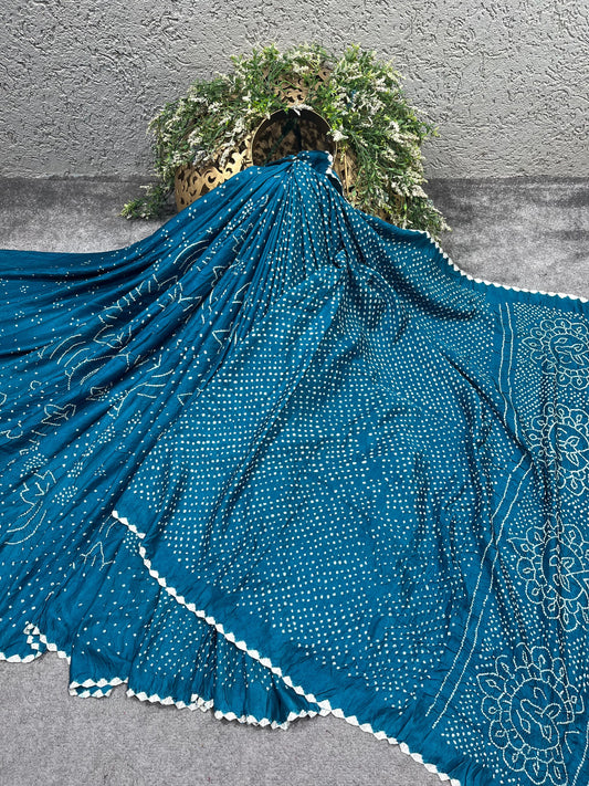TEAL BLUE GAJJI SILK PURE HANDLOOM BHANDEJ SAREE
