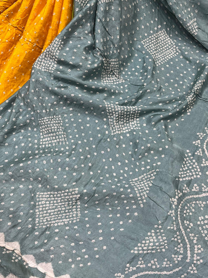GREY YELLOW GREEN SHADED GAJJI SILK PURE HANDLOOM BHANDEJ SAREE