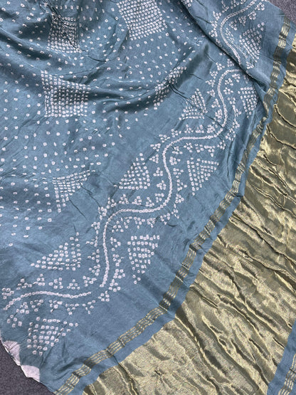 GREY YELLOW GREEN SHADED GAJJI SILK PURE HANDLOOM BHANDEJ SAREE
