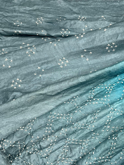 GREY BLUE SHADED GAJJI SILK PURE HANDFLOOM BHANDEJ SAREE