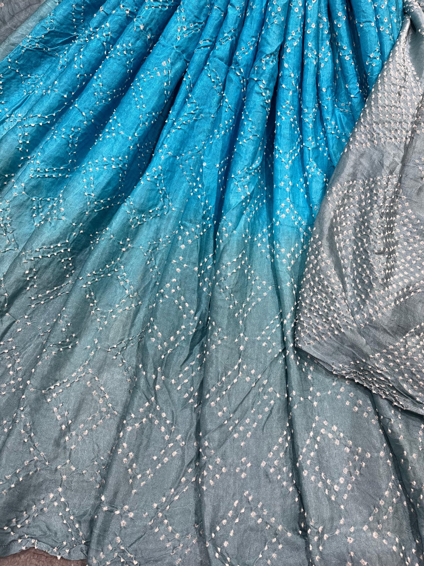 GREY BLUE SHADED GAJJI SILK PURE HANDFLOOM BHANDEJ SAREE