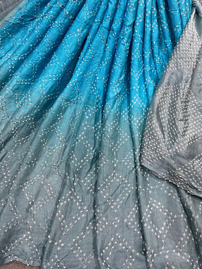 GREY BLUE SHADED GAJJI SILK PURE HANDFLOOM BHANDEJ SAREE