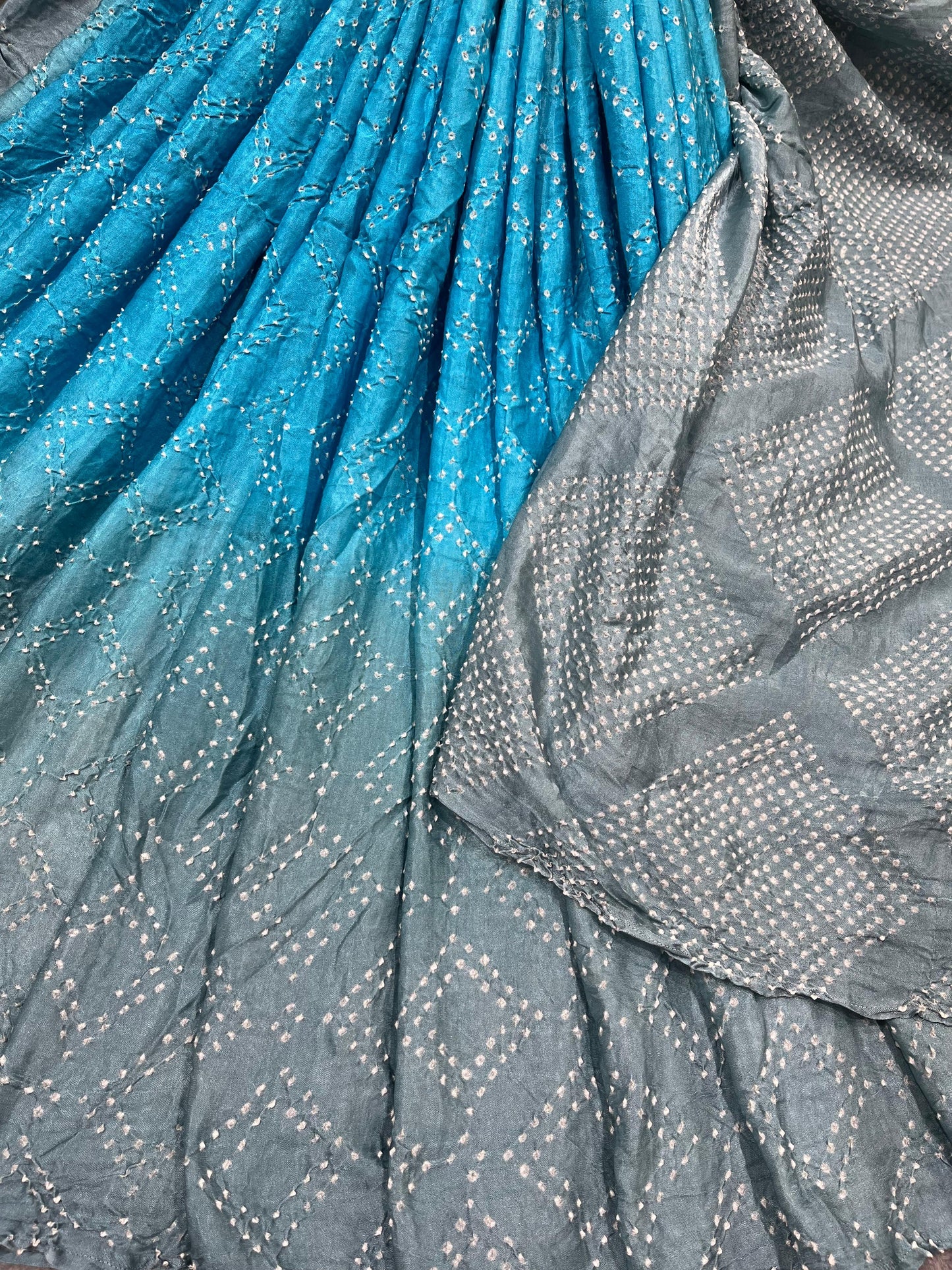 GREY BLUE SHADED GAJJI SILK PURE HANDFLOOM BHANDEJ SAREE