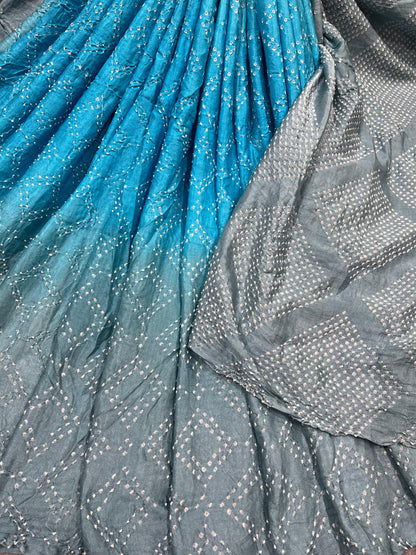 GREY BLUE SHADED GAJJI SILK PURE HANDFLOOM BHANDEJ SAREE