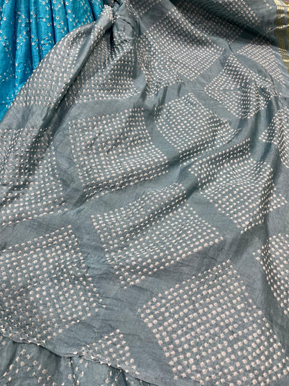 GREY BLUE SHADED GAJJI SILK PURE HANDFLOOM BHANDEJ SAREE