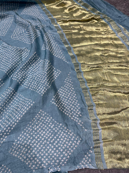 GREY BLUE SHADED GAJJI SILK PURE HANDFLOOM BHANDEJ SAREE