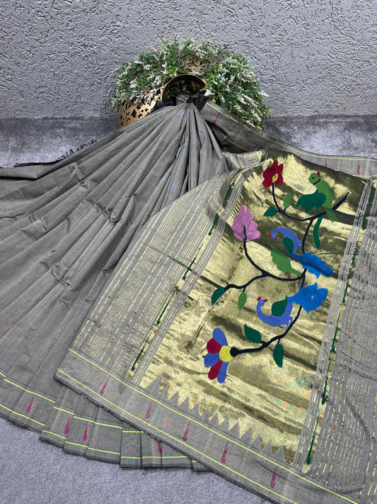 GREY COTTON PURE HANDLOOM PAITHANI SAREE