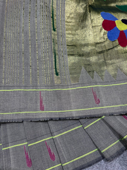 GREY COTTON PURE HANDLOOM PAITHANI SAREE