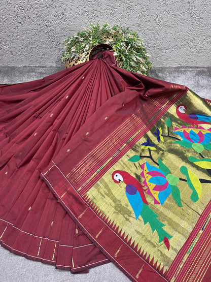 MAROON COTTON PURE HANDLOOM PAITHANI SAREE