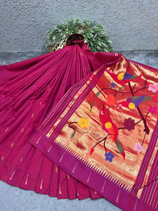 MAJENTA PINK COTTON PURE HANDLOOM PAITHANI SAREE