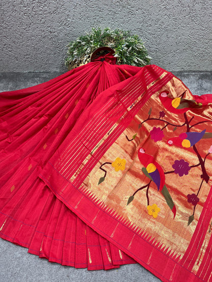 RED COTTON PURE HANDLOOM PAITHANI SAREE