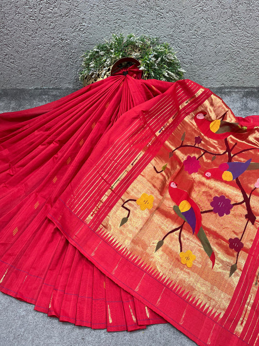 RED COTTON PURE HANDLOOM PAITHANI SAREE