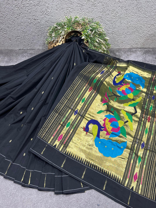 BLACK COTTON PURE HANDLOOM PAITHANI SAREE