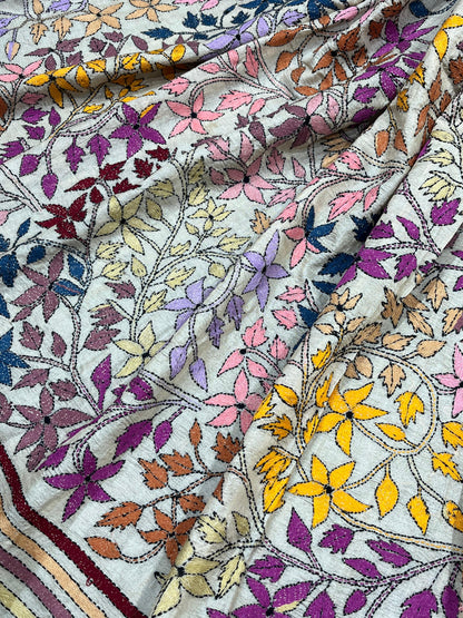 LIGHT BEIGE PURE HANDLOOM KANTHA DUPATTA