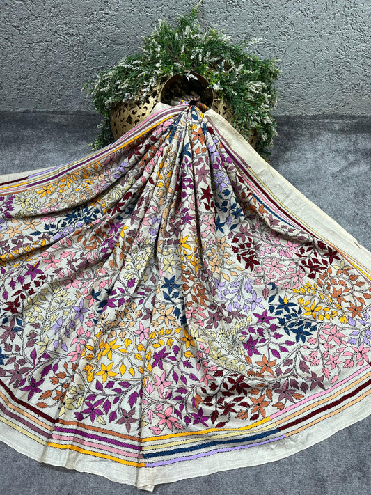 LIGHT BEIGE PURE HANDLOOM KANTHA DUPATTA