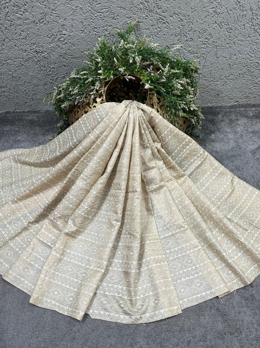 LIGHT BEIGE PURE HANDLOOM KANTHA DUPATTA