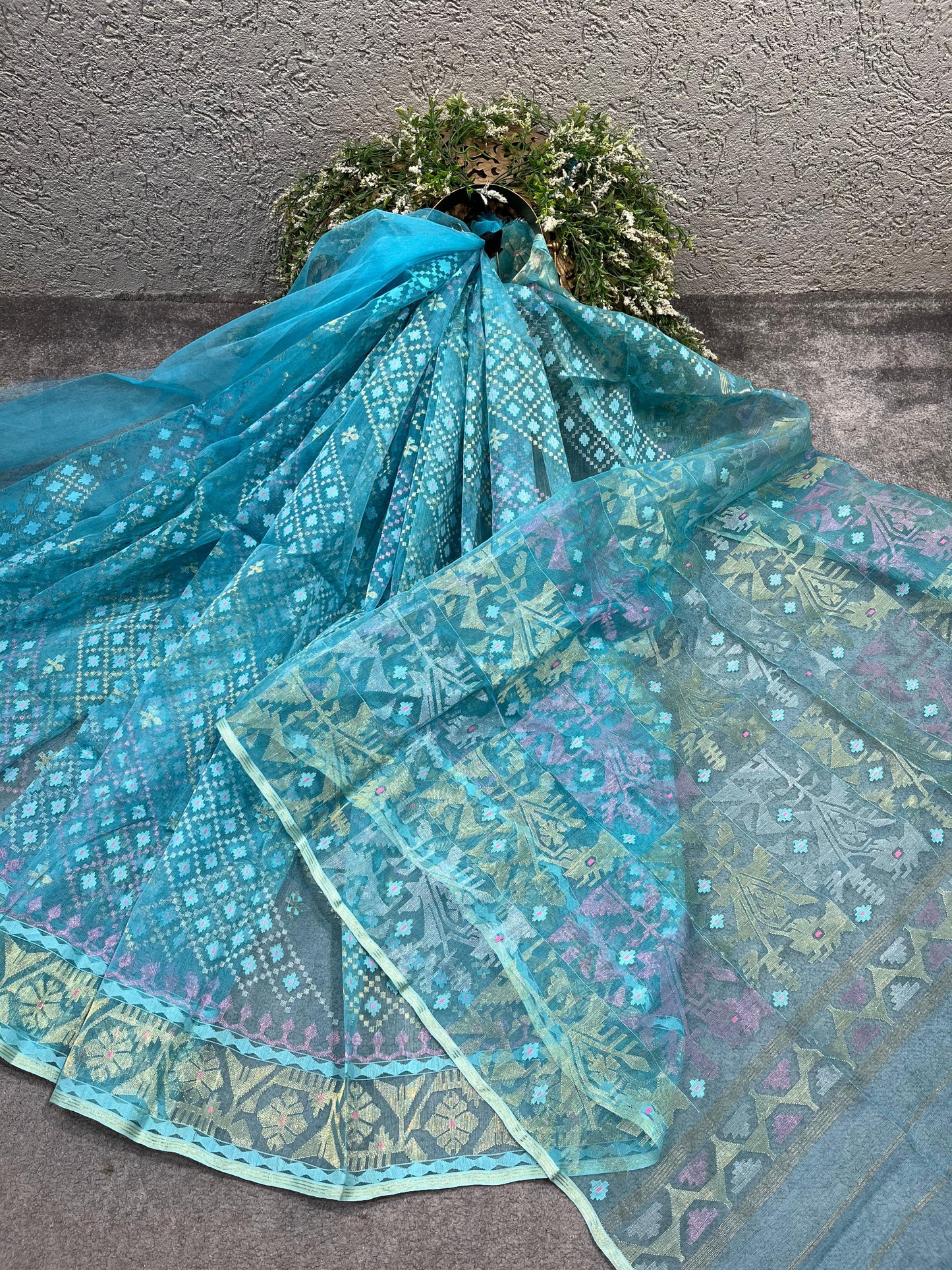 BLUE PURE HANDLOOM EXCLUSIVE DHAKAI JAMDANI SAREE