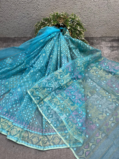 BLUE PURE HANDLOOM EXCLUSIVE DHAKAI JAMDANI SAREE