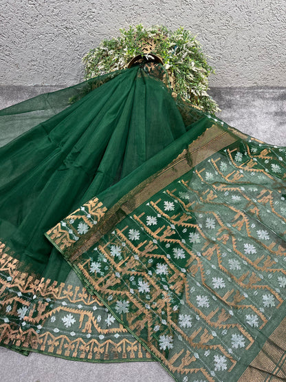 GREEN EXCLUSIVE PURE HANDLOOM DHAKAI JAMDANI SAREE