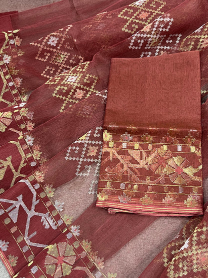 BROWN EXCLUSIVE PURE HANDLOOM DHAKAI JAMDANI SAREE