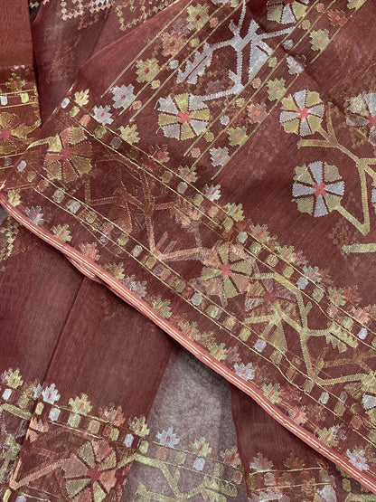 BROWN EXCLUSIVE PURE HANDLOOM DHAKAI JAMDANI SAREE