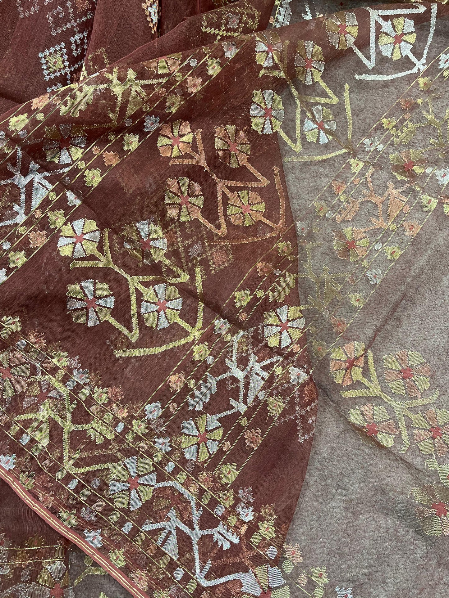 BROWN EXCLUSIVE PURE HANDLOOM DHAKAI JAMDANI SAREE