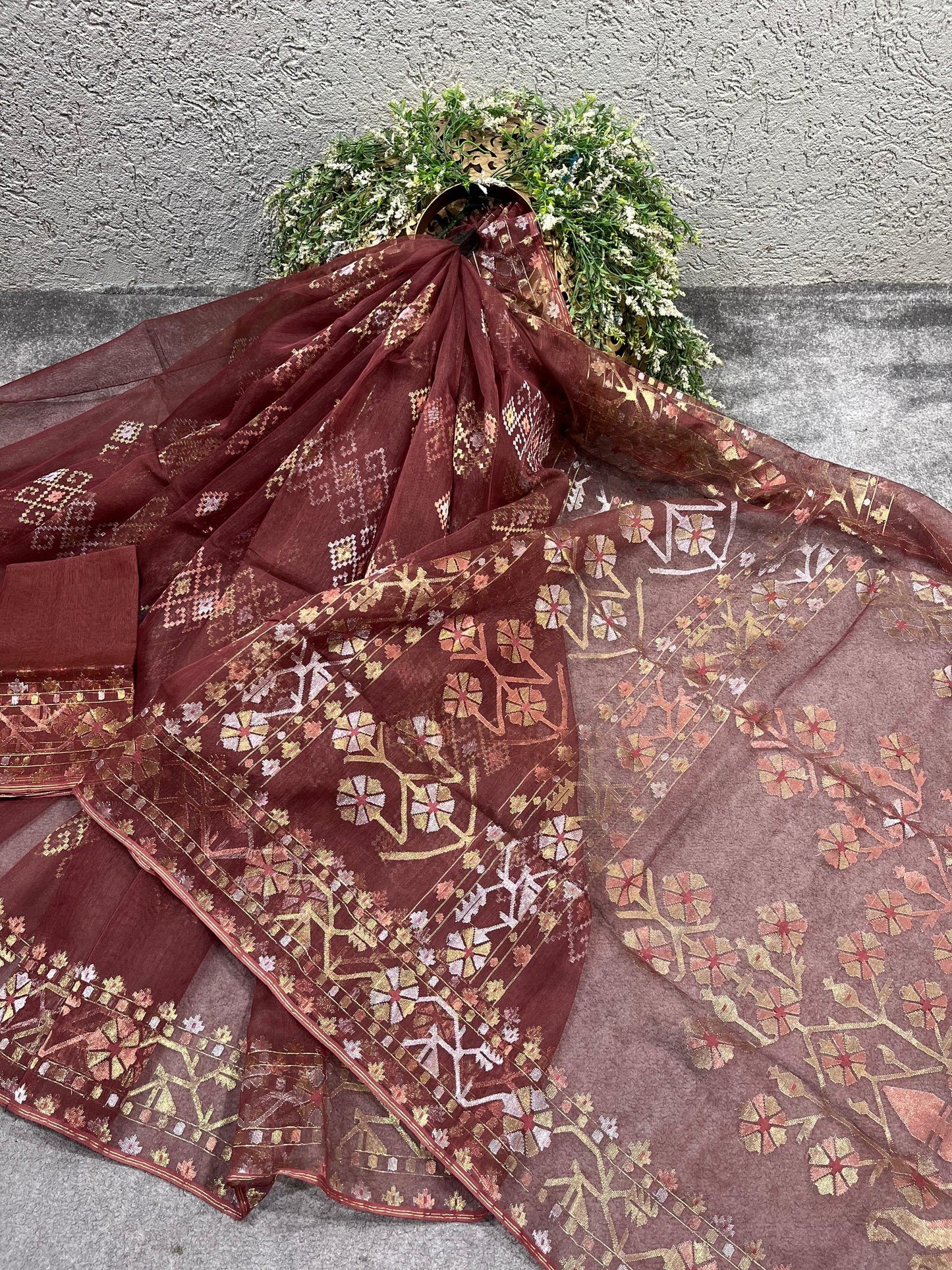 BROWN EXCLUSIVE PURE HANDLOOM DHAKAI JAMDANI SAREE